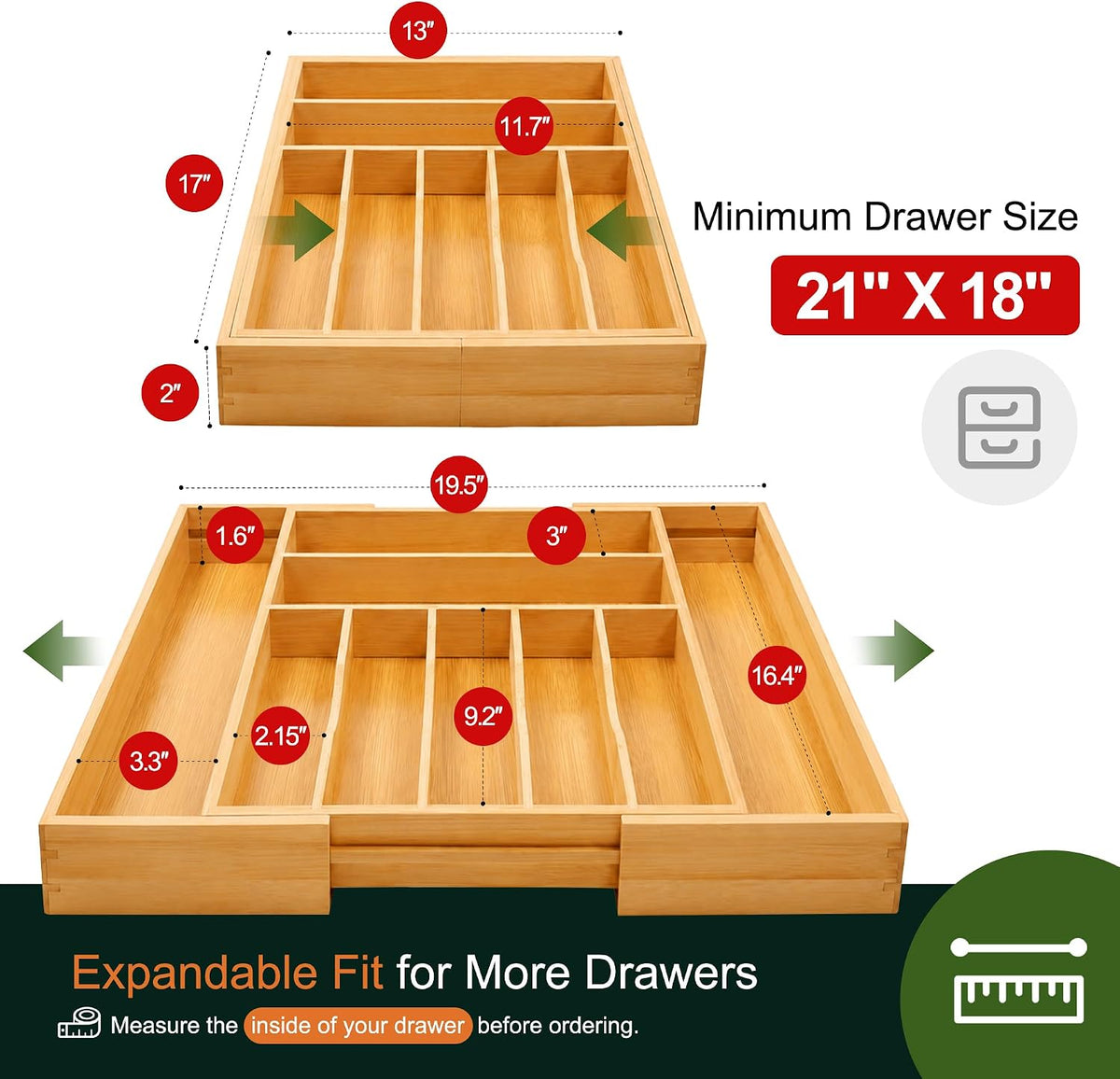 Large Premium Bamboo Silverware Organizer - Expandable Drawer Organizer &...