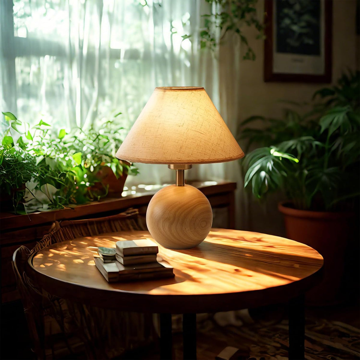 Wood Table Lamp for Bedroom, Flaxen Fabric Shade Small Desk Lamp for Living R...