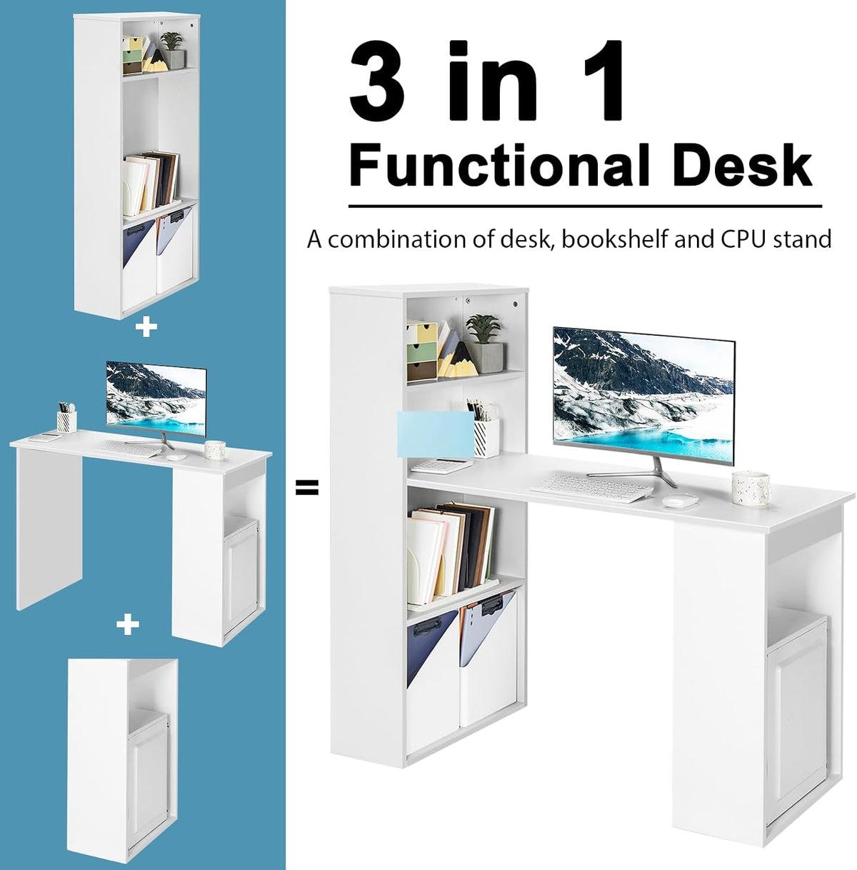 Tangkula White Computer Desk with Bookshelf, Writing Study Desk with Storage ...