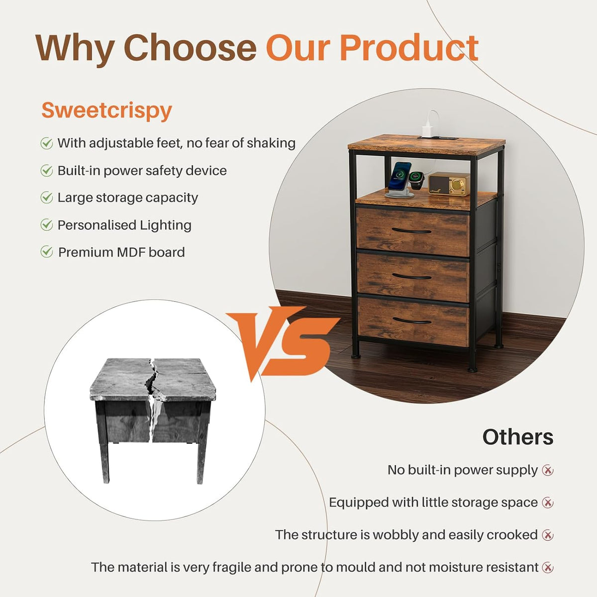 OLIXIS Nightstand with Charging Station, 3 Fabric Drawers Bedside Table