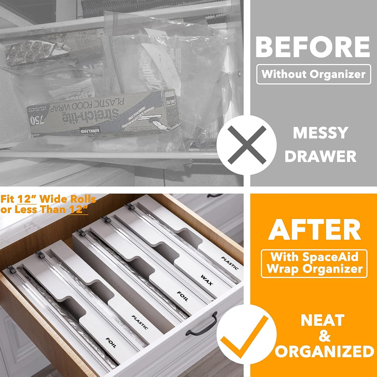 SpaceAid WrapNeat 3 in 1 Wrap Organizer with Cutter and Labels, Plastic Wrap,...