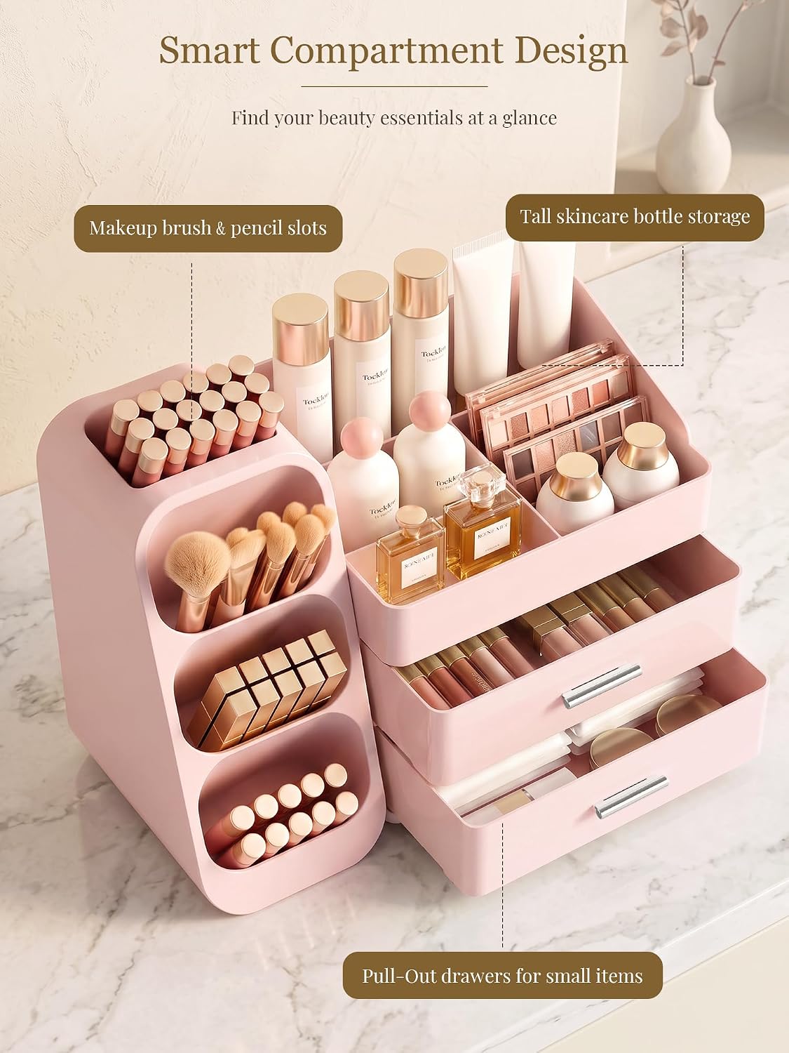 Booklov Large Makeup Organizer for Vanity Countertop, Pink