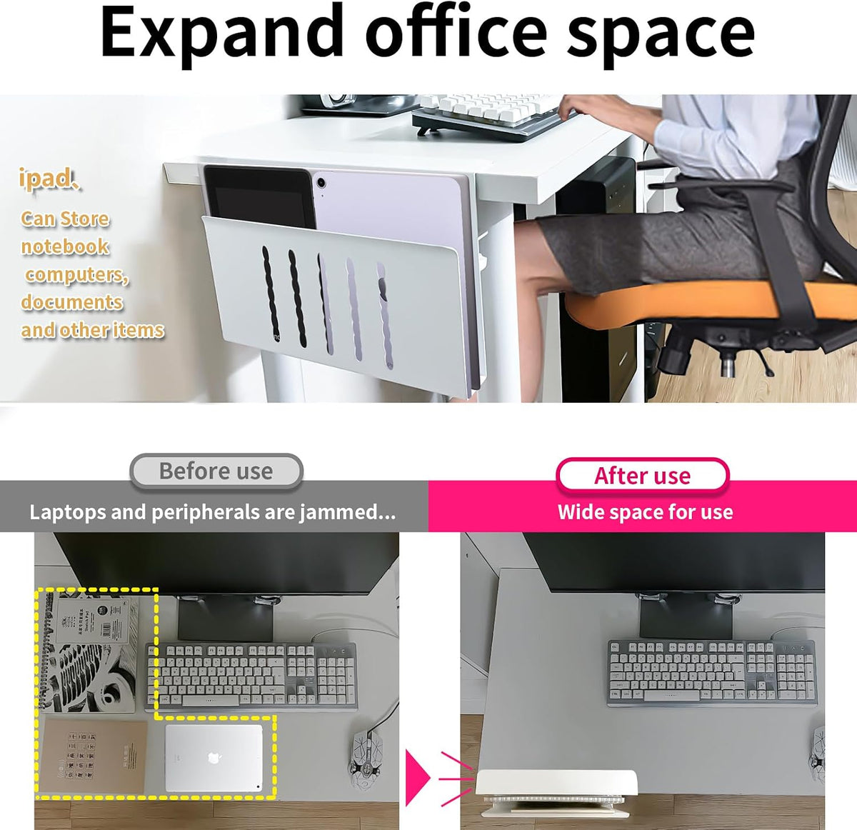 Desk Side Storage, Under Desk Storage, No Drill Steel Hanging Desk Organizer,...