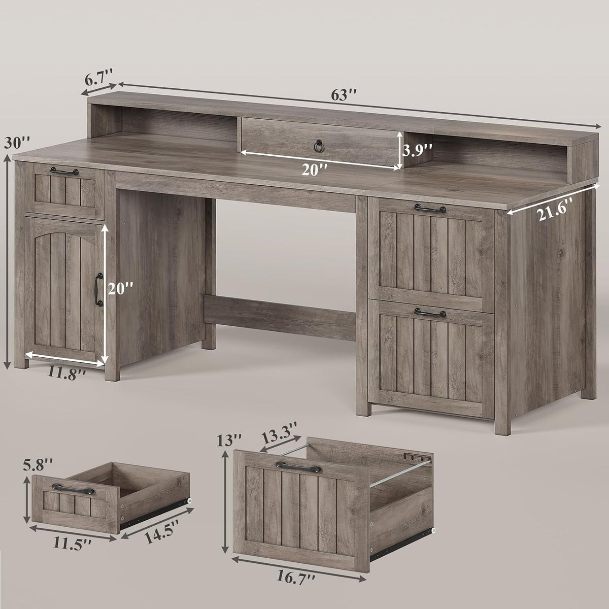 SEDETA 63" Farmhouse Executive Desk with Drawers and Storage Cabinet, Grey