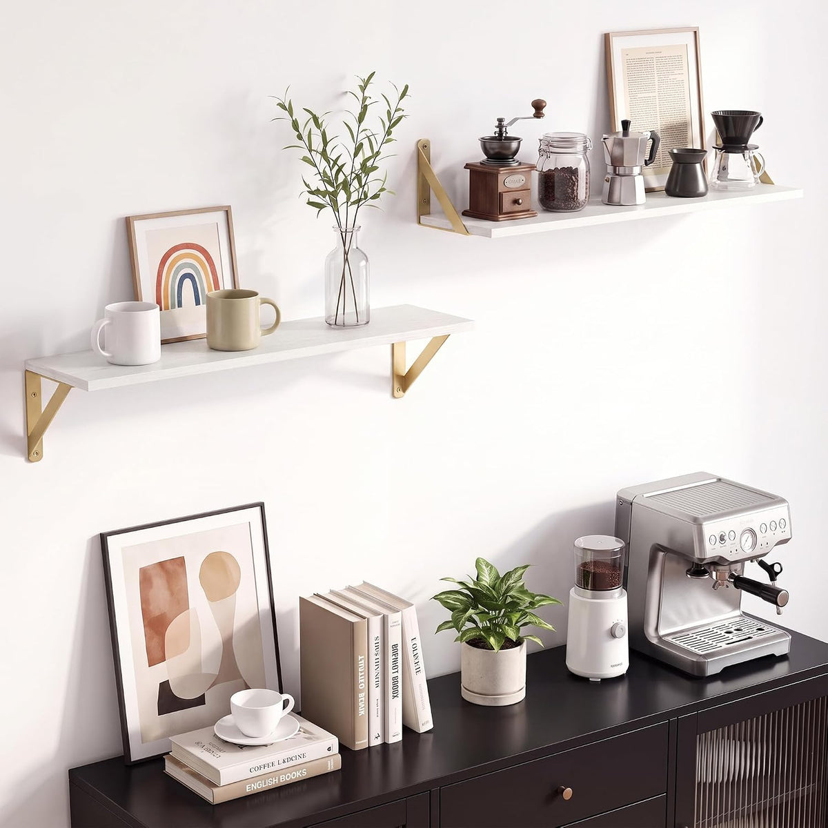 White Shelves for Wall 6 Inch Deep, 24x6 Set of 2, White&Gold