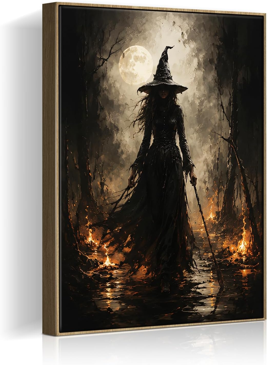 Halloween Framed Wall Art, Dark Witch in Moonlit Forest Halloween Pictures