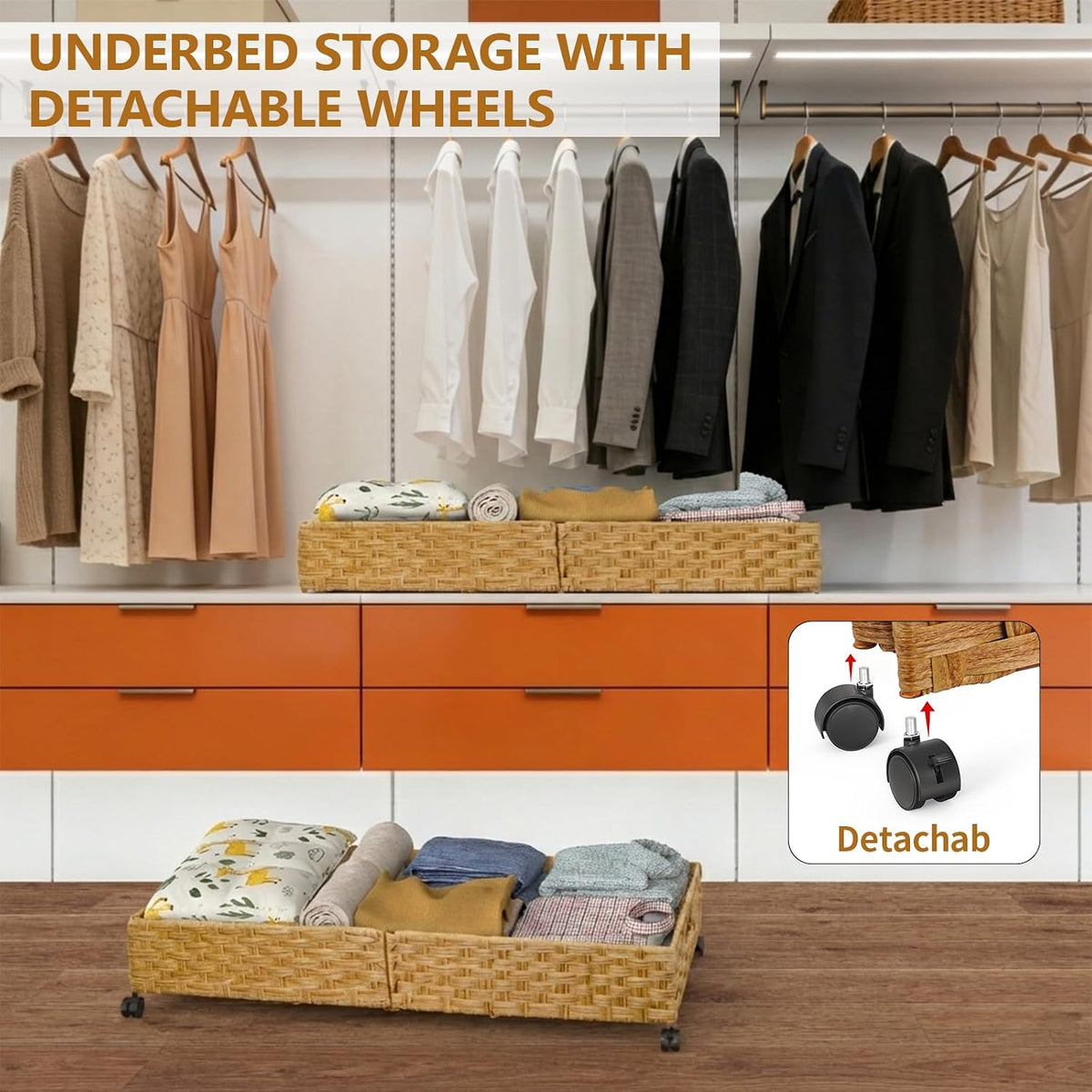 Under Bed Storage Containers with Wheels, 31.5” Large Handwoven Rattan Rollin...