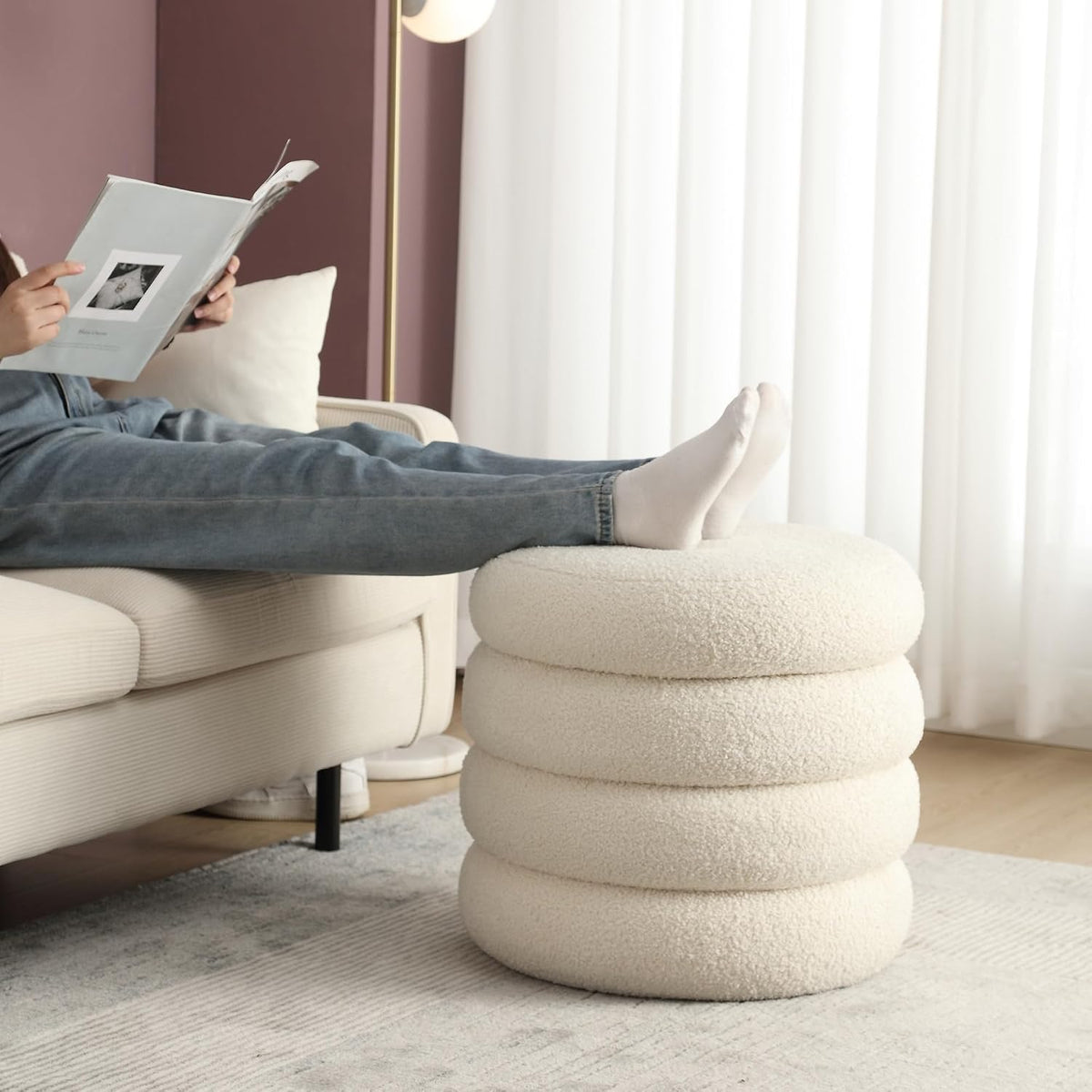 Boucle Ottoman with Storage, Small Round Footrest Stool for Living Room Bedro...