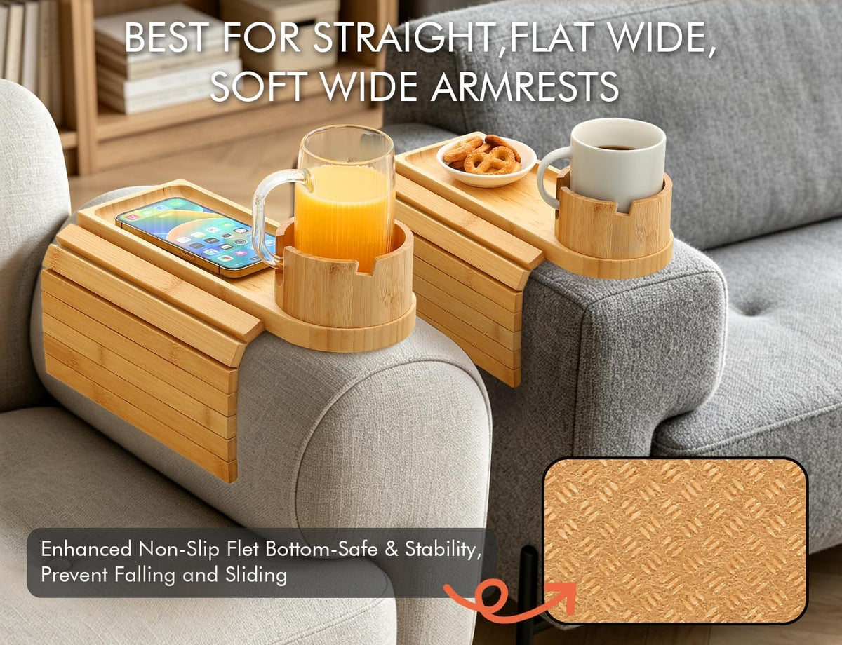 2 Packs Couch Armrest Table,Bamboo Folding Anti Slip Sofa Storage