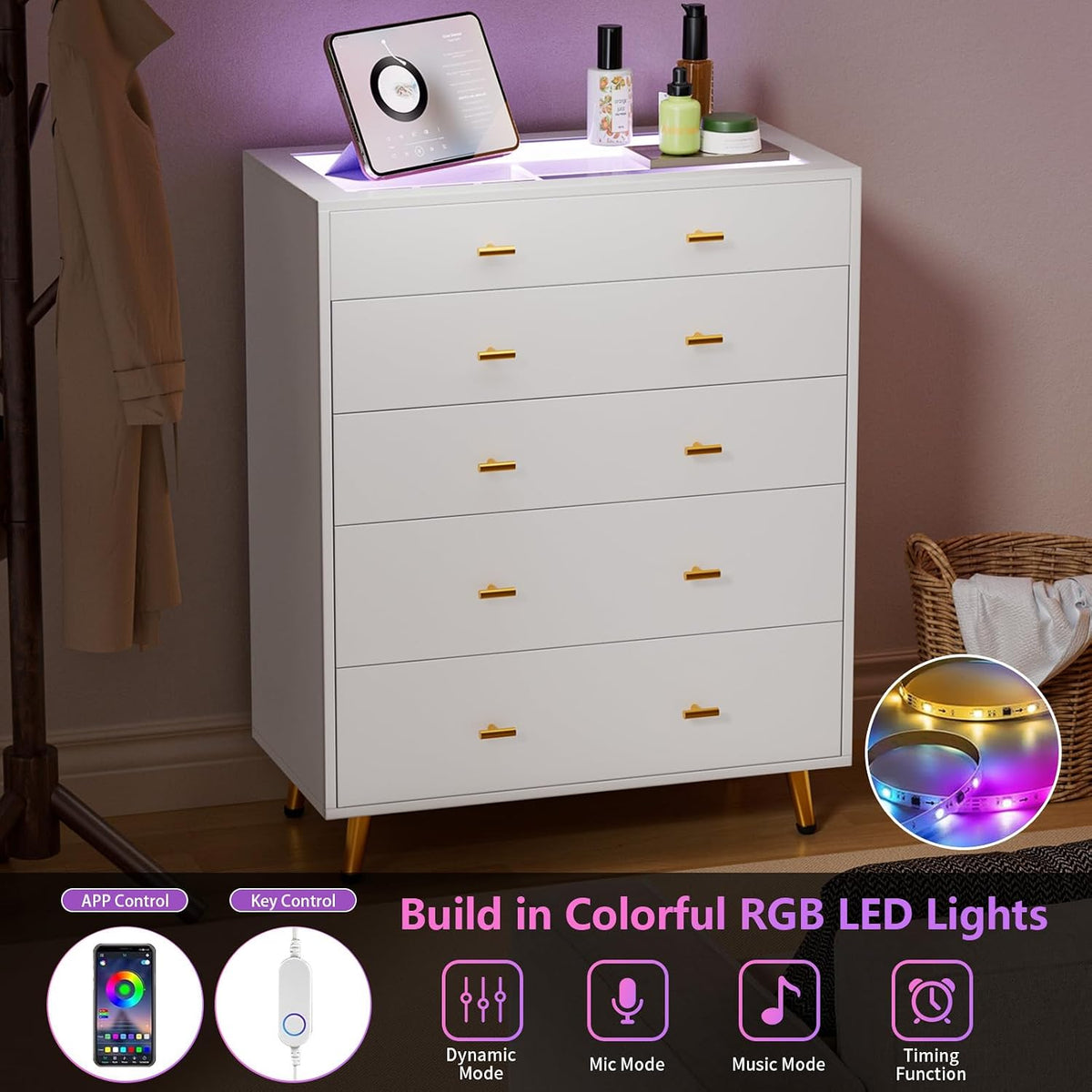 Drawer Dresser with Glass Top and LED Lights, White