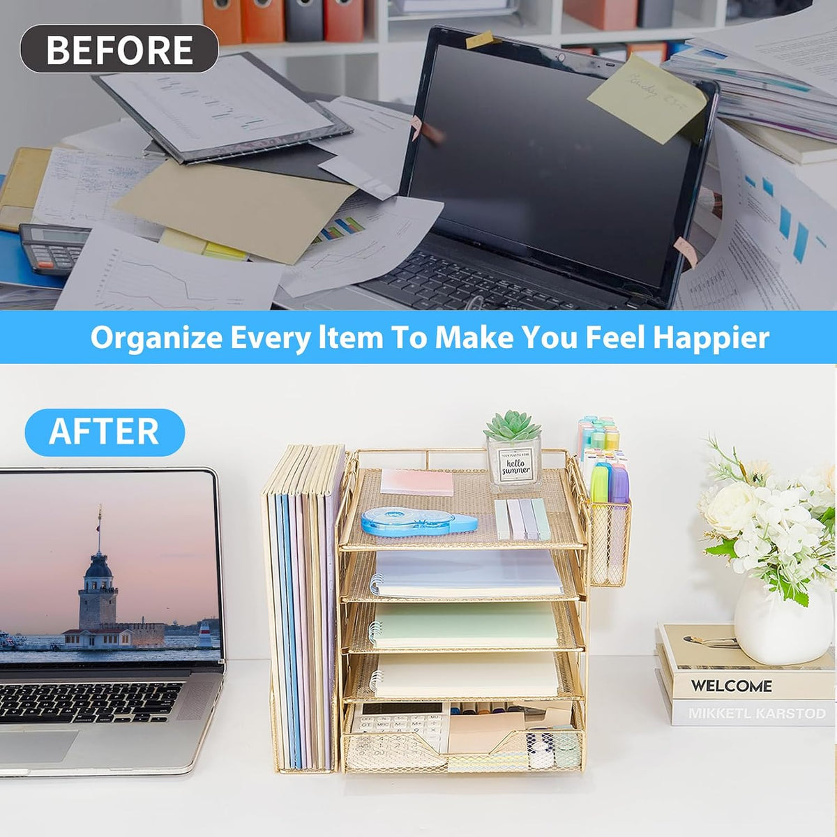5-Tier Desk File Organizer with Drawer & Pen Holder (Gold)