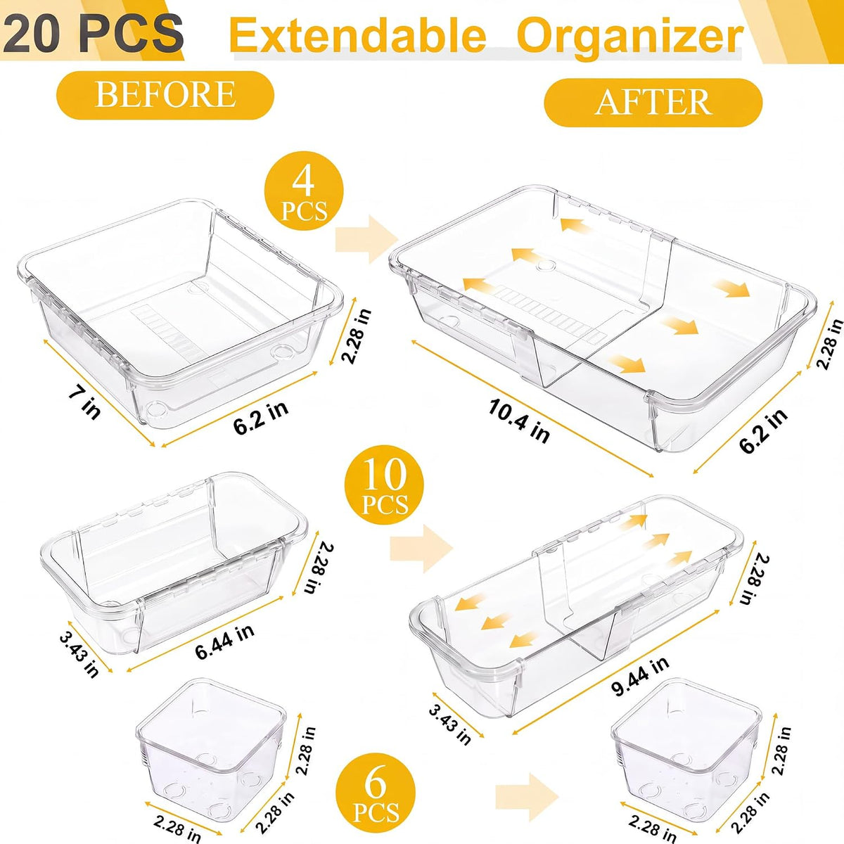 20 PCS Expandable Clear Drawer Organizers, 3-Size Extendable Drawer Dividers,...