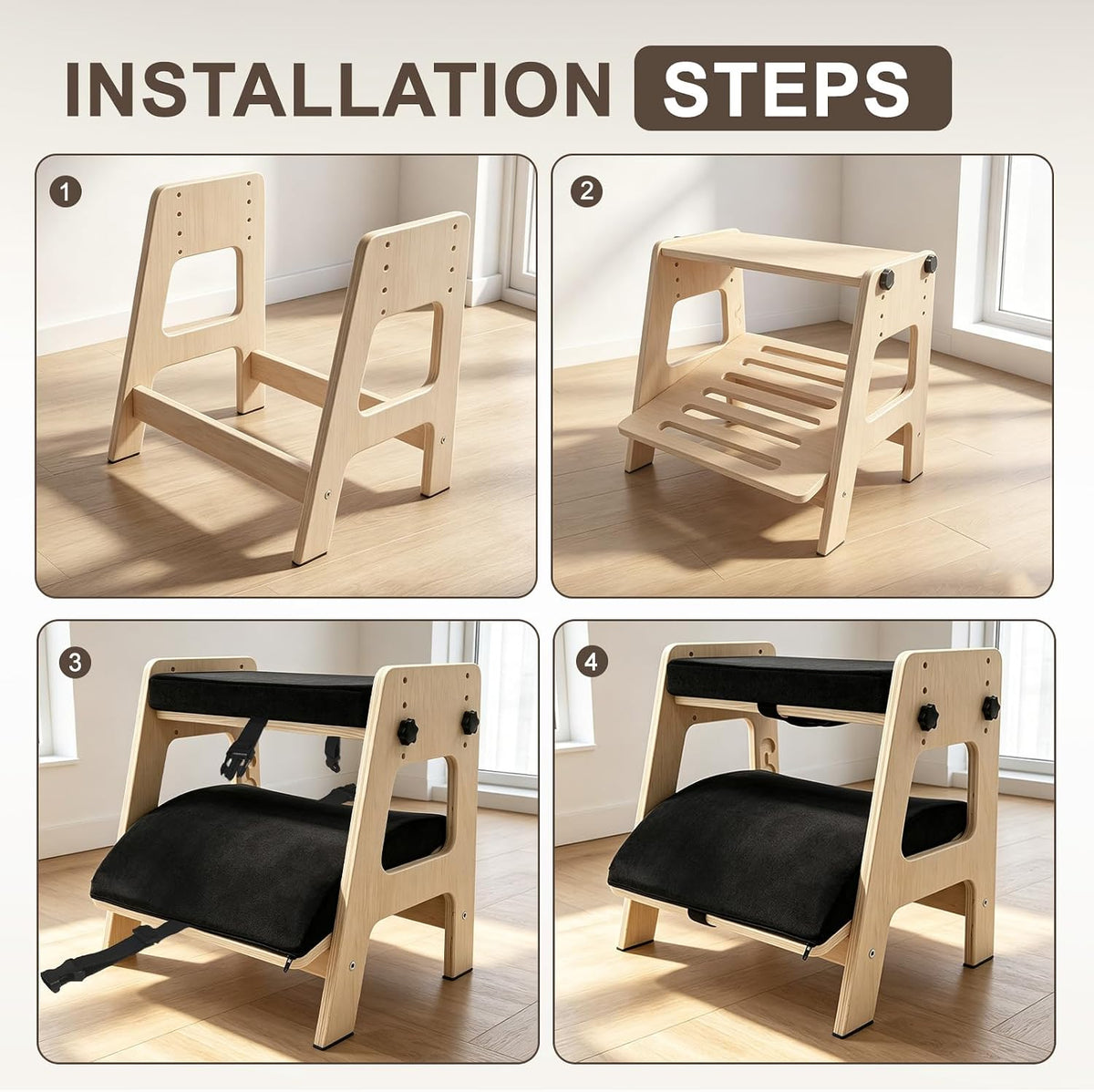 Double Step Footrest Under Desk, Adjustable Wooden Foot Stool with Cushions