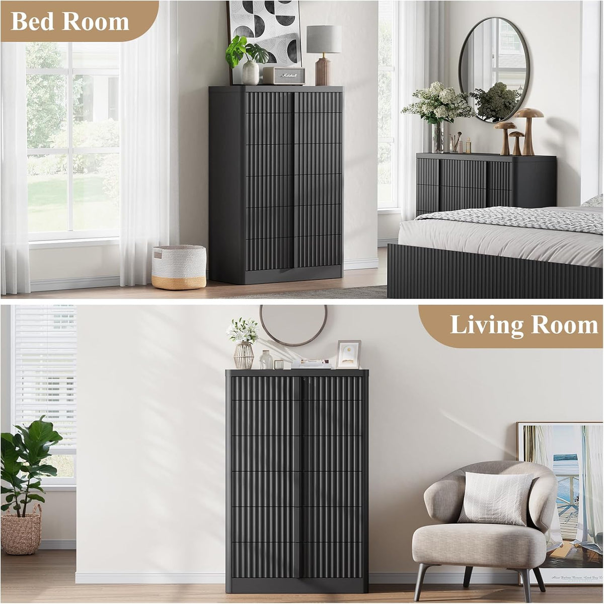 Fluted Dresser for Bedroom, 48" Tall 6 Drawer Dresser, Modern Chest of D...