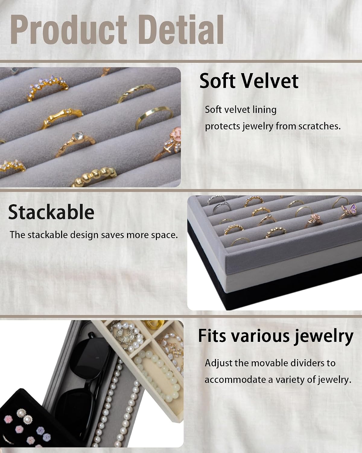 Velvet Jewelry Trays,Jewelry Organizer Trays for Drawer,Set of 8,Gray