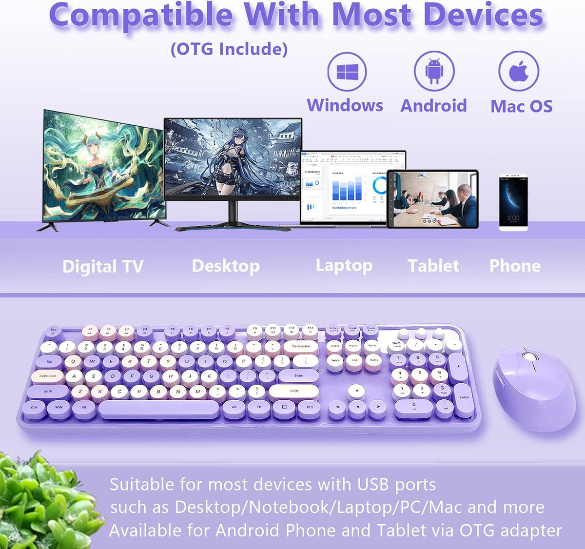 Purple Retro Typewriter Wireless Keyboard and Mouse Combo for Home Office