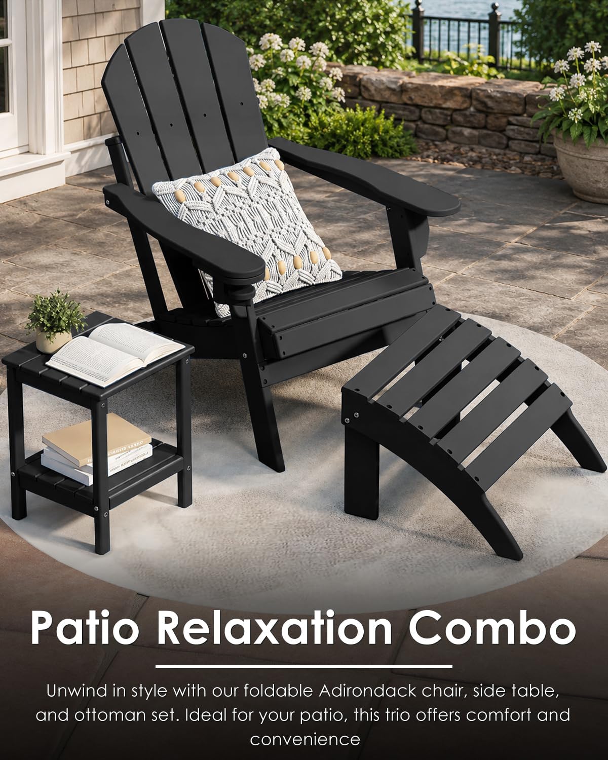 GREENVINES Adirondack Ottoman Set of 2, HDPE Plastic, Black