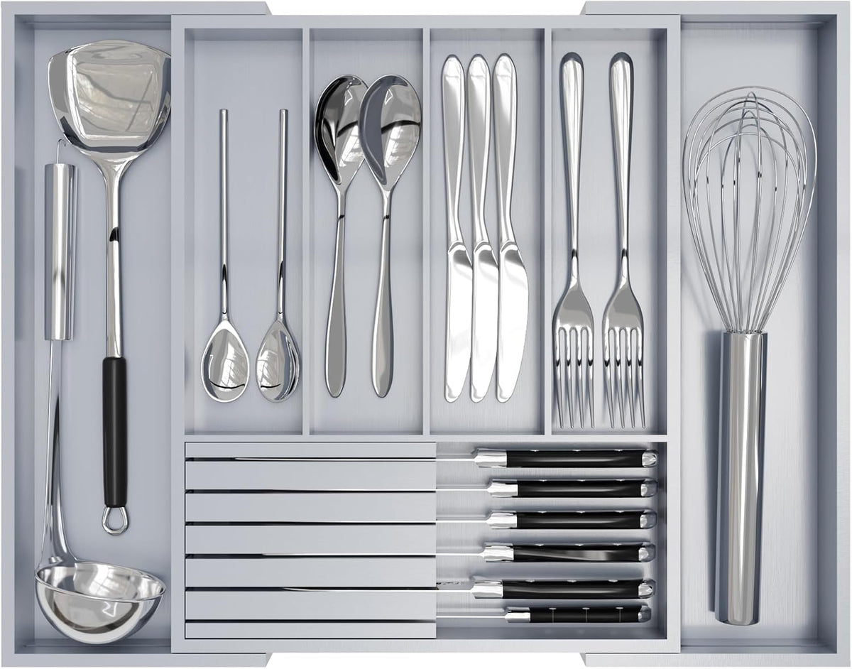 Bamboo Kitchen Silverware Drawer Organizer - Expandable Wood Utensil Holder w...