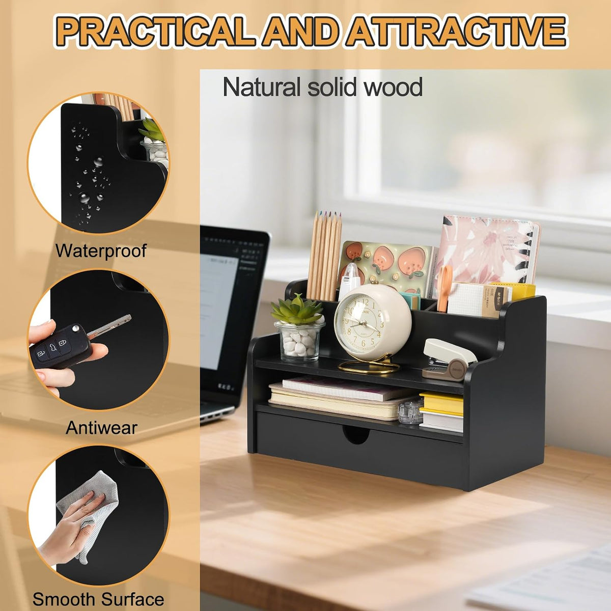 Mail Organizer Countertop, 4 Slots Desk Organizer with Drawer and Shelf