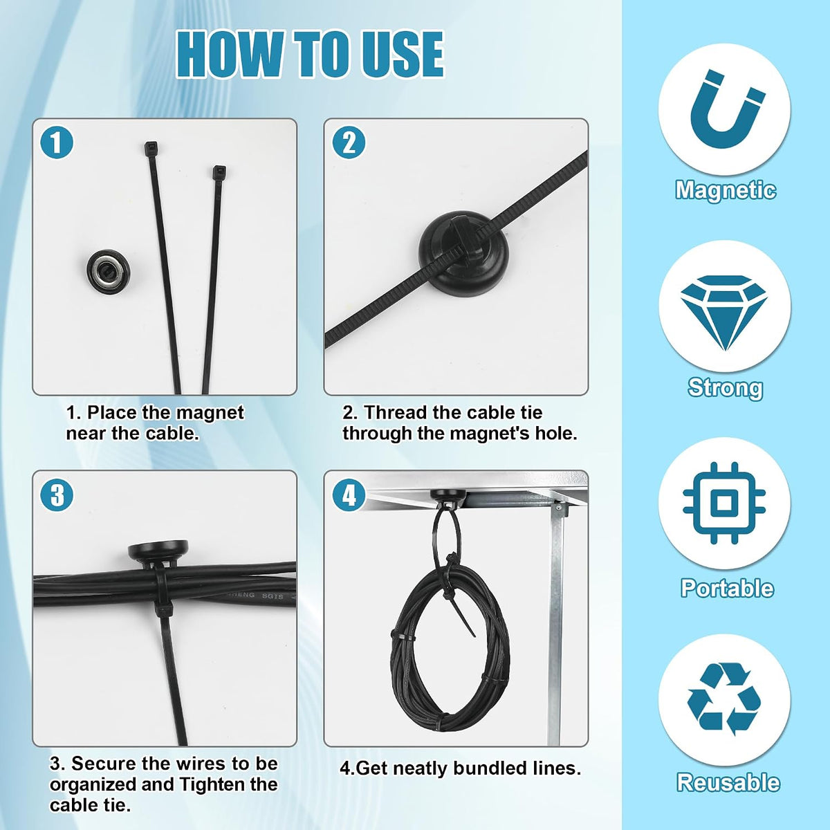 24Pcs Magnetic Zip Tie Mount 100Pcs Cable Ties,Zip Tie Base Holder Set