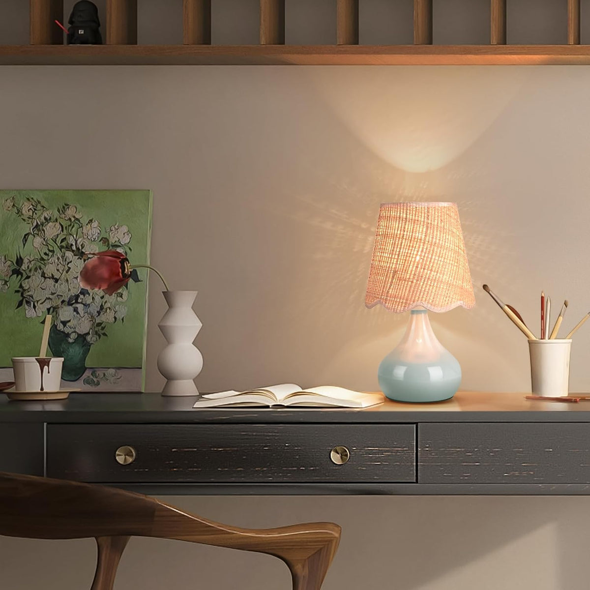 Light Blue Boho Small Table Lamp for Small Spaces, Small Rattan Shade Bedside...