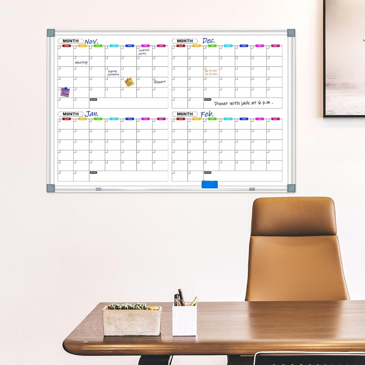 4 Month Calendar Whiteboard for Hanging Wall Mount, 36" x 24"