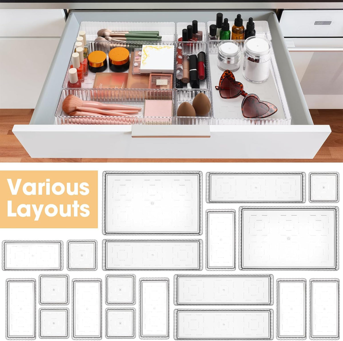 Teenyyou 18 Pcs Stackable Acrylic Drawer Organizer, 4 Size, Clear, Stripes