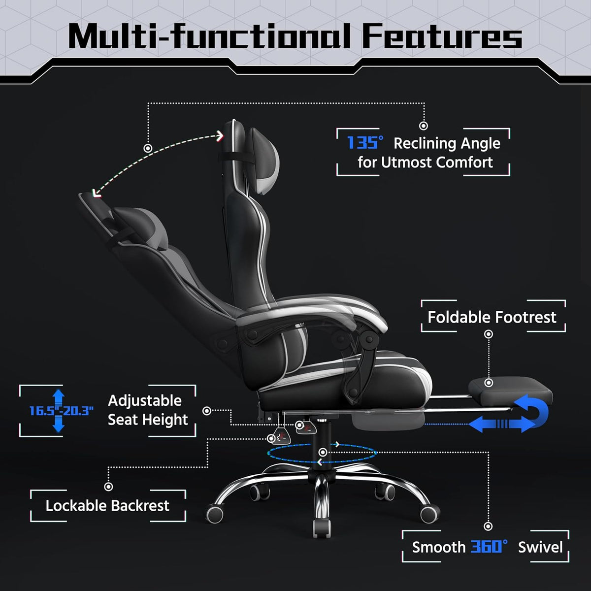 Yaheetech Gaming Chair with Footrest Massage Lumbar Pillow Black and White