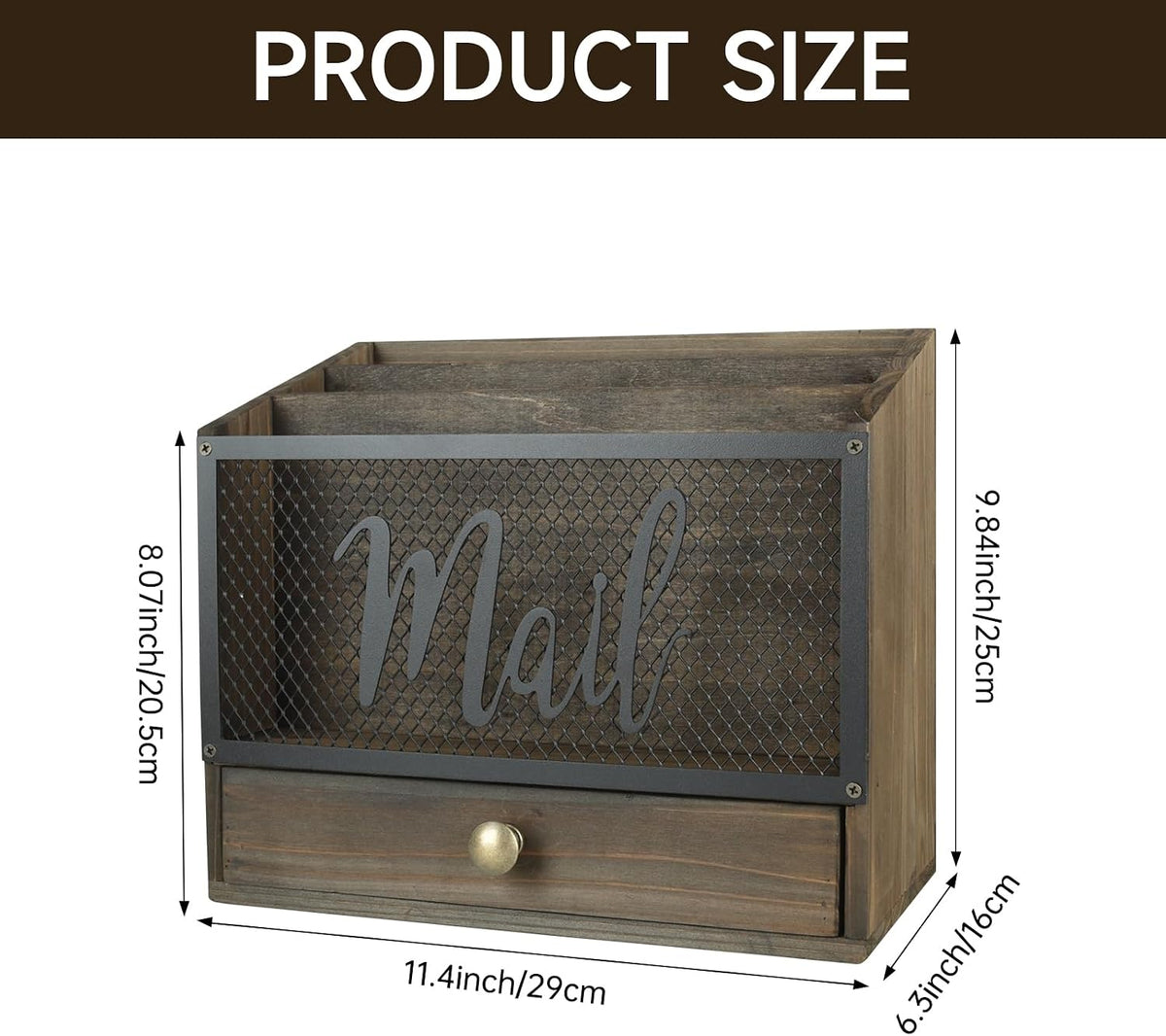 Wooden Mail Organizer with Drawer, 3 Compartments Desk Sorter