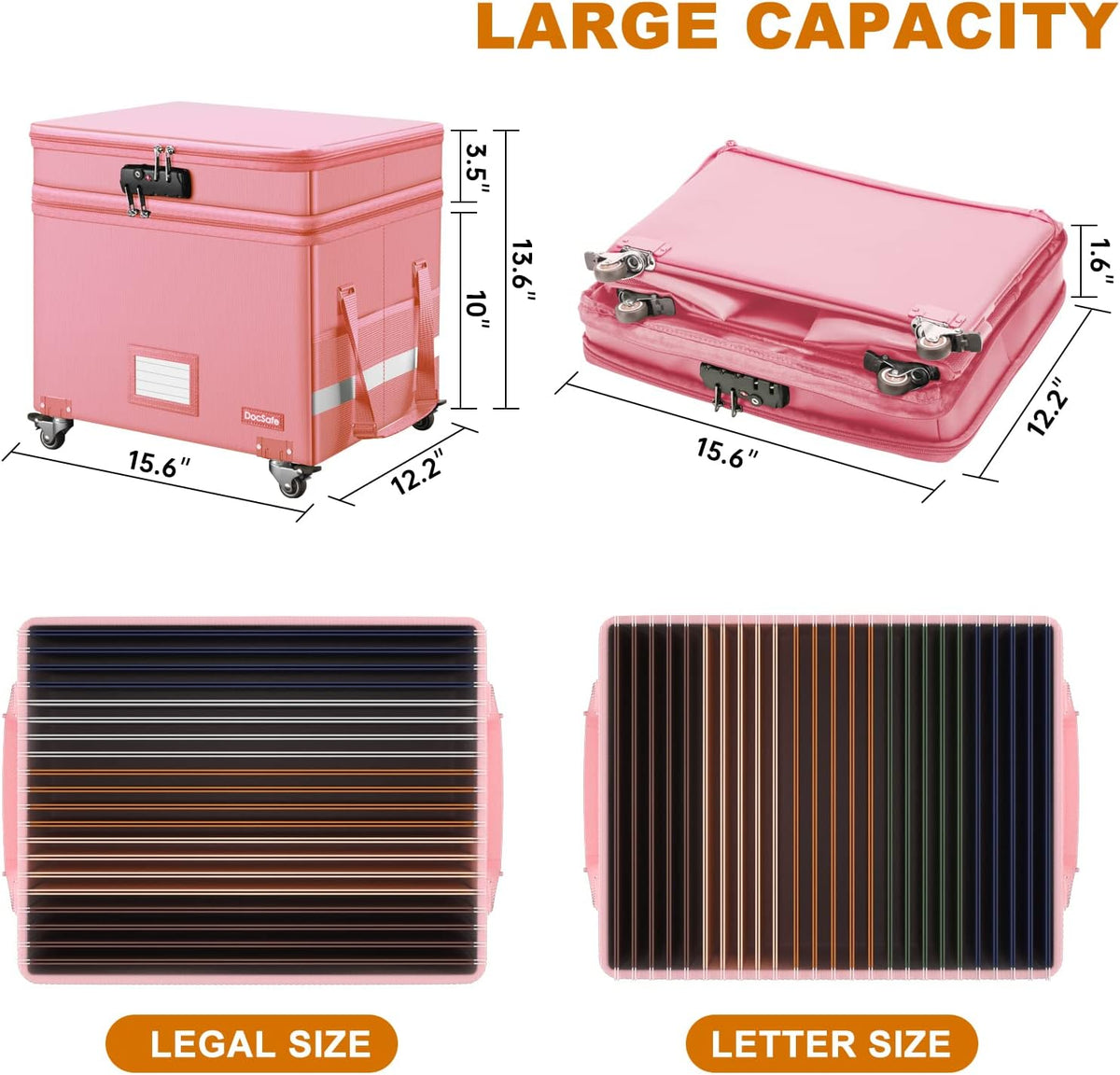 DocSafe File Box with Lock,2-Layer Fireproof Document Box with Wheels,Collaps...