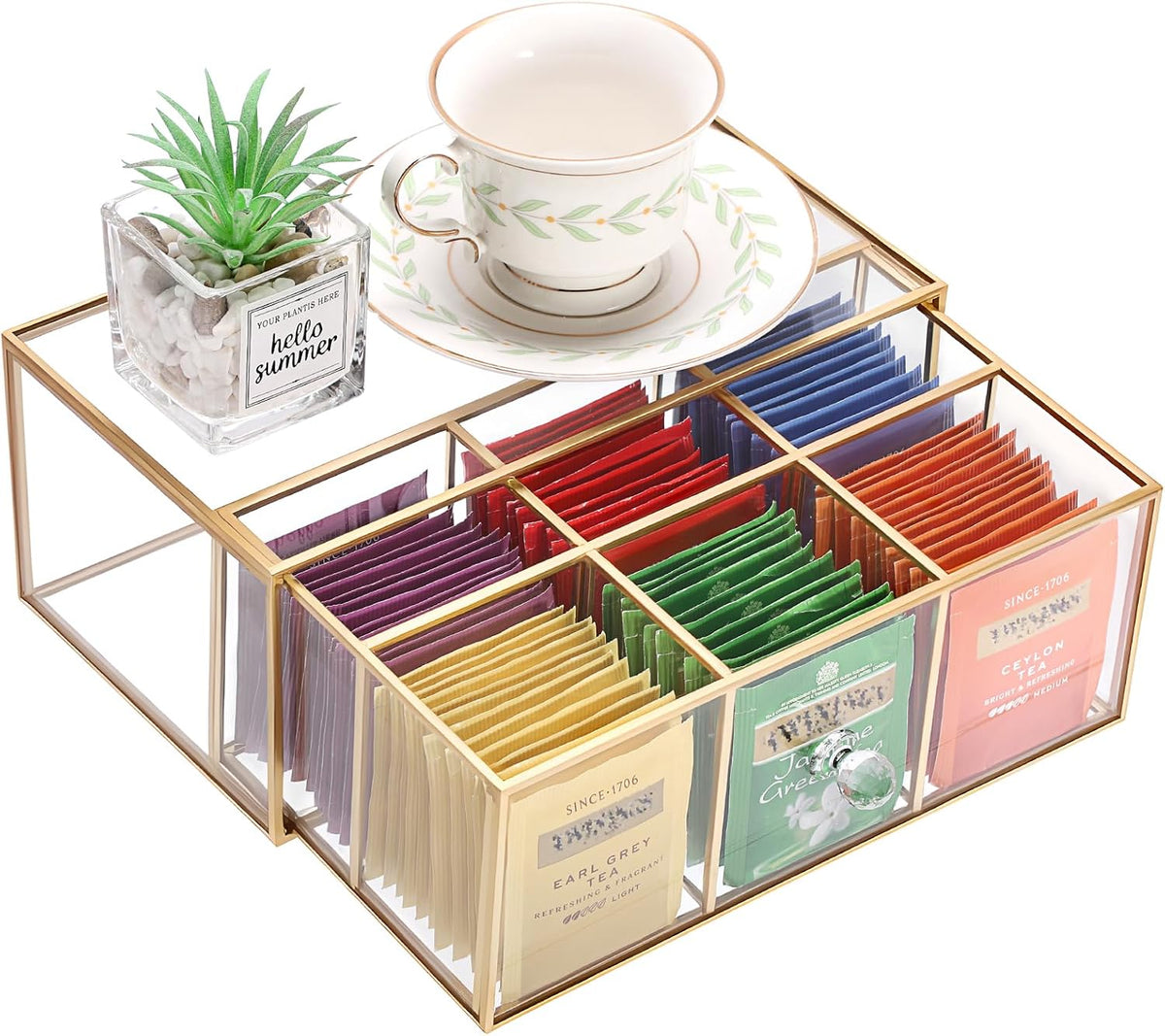 Glass Tea Bag Organizer with Drawer, Clear Teabag Holder Counter