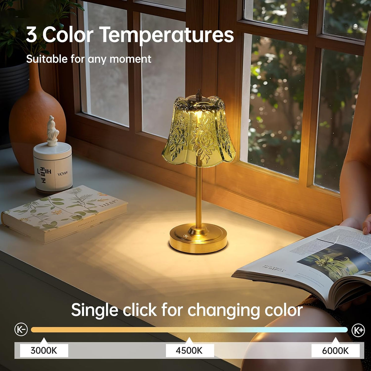 Shenmoyl Cordless Touch Table Lamp with 5200mAh Battery - 3 Adjustable Color ...