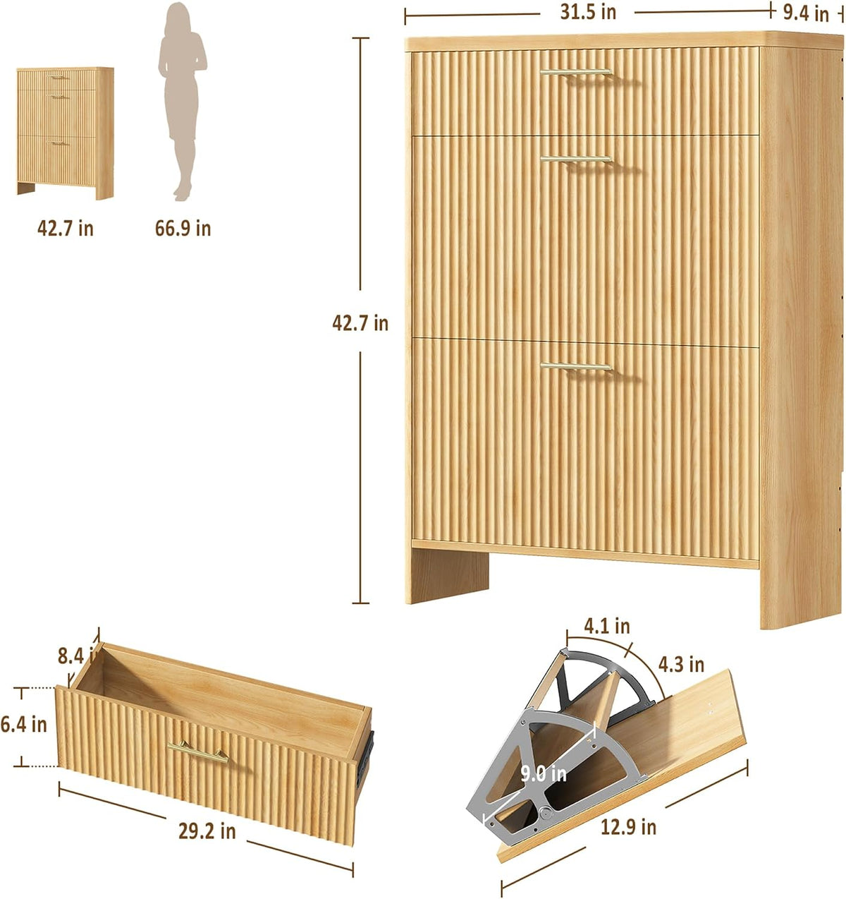 Fluted Shoe Storage Cabinet for Entryway, Narrow Wooden Shoe Cabinet with 2 F...