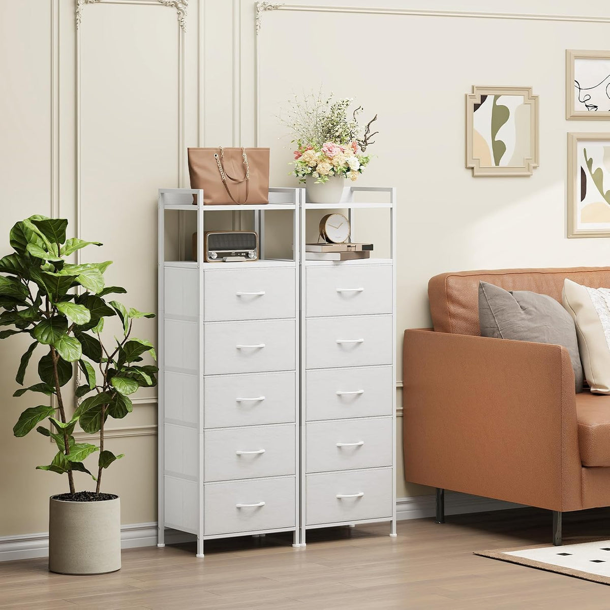 Somdot White Tall Dresser for Bedroom with 5 Drawers, Tall Nightstand