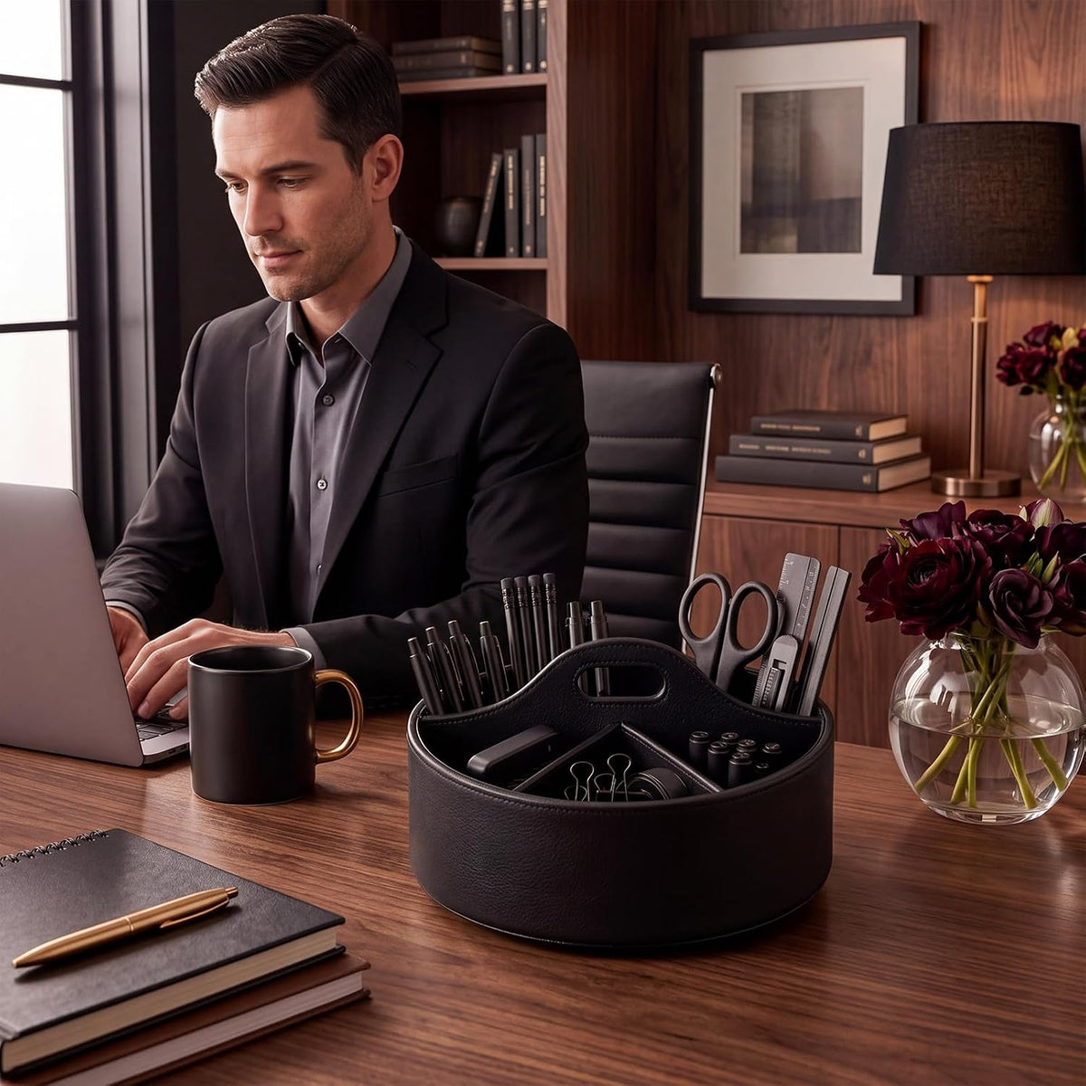 Aesthetic PU Leather Rotating Desk Storage Organizer, Black