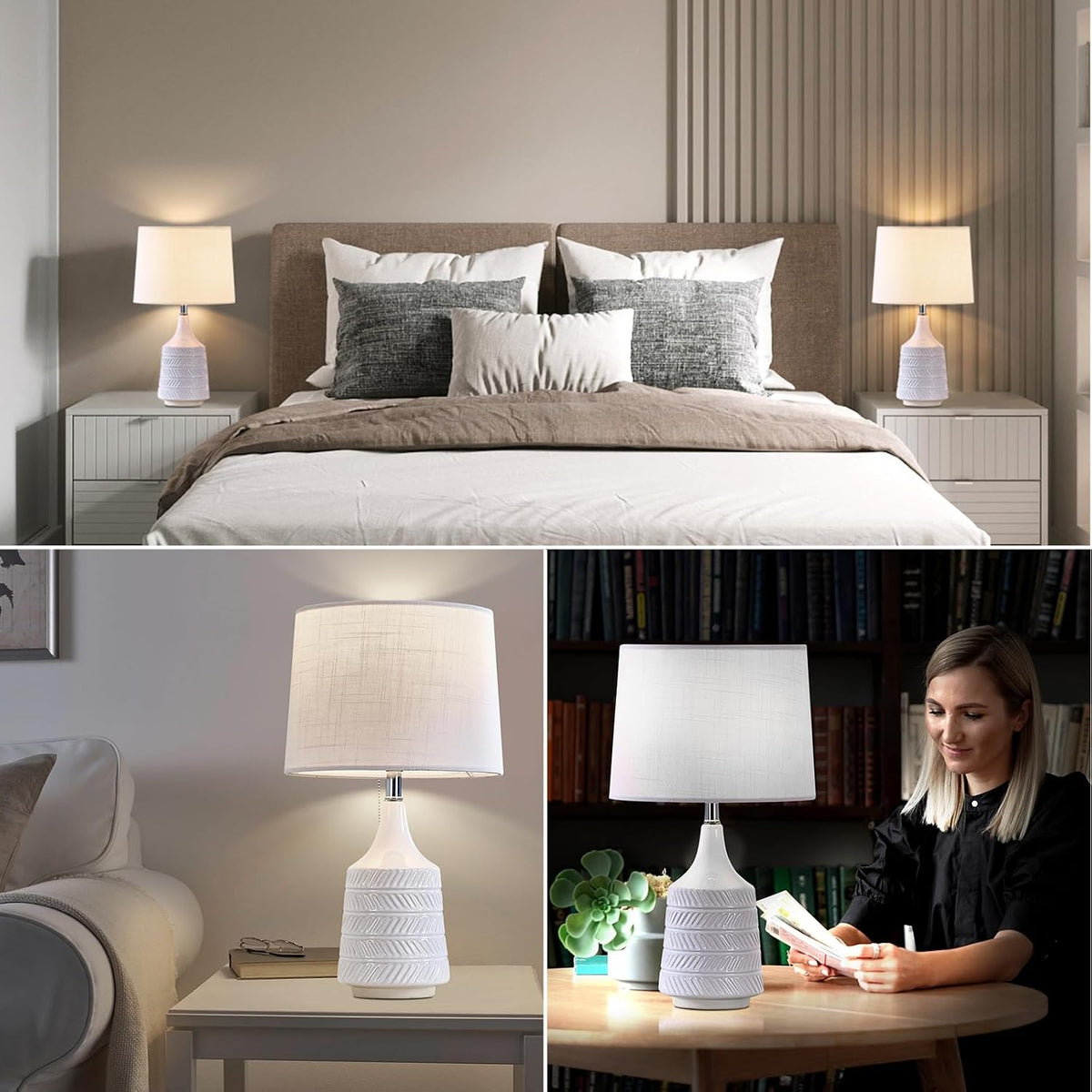 18.5" White Ceramic Table Lamp, Decor Farmhouse Lamps for Living Room En...
