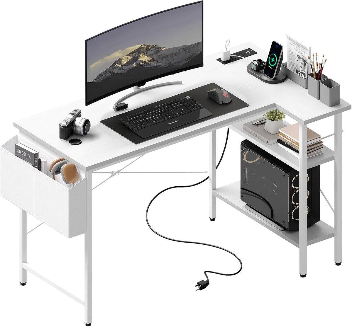 DUMOS Corner Gaming Desk with Power Strip, Storage Shelves and Drawers