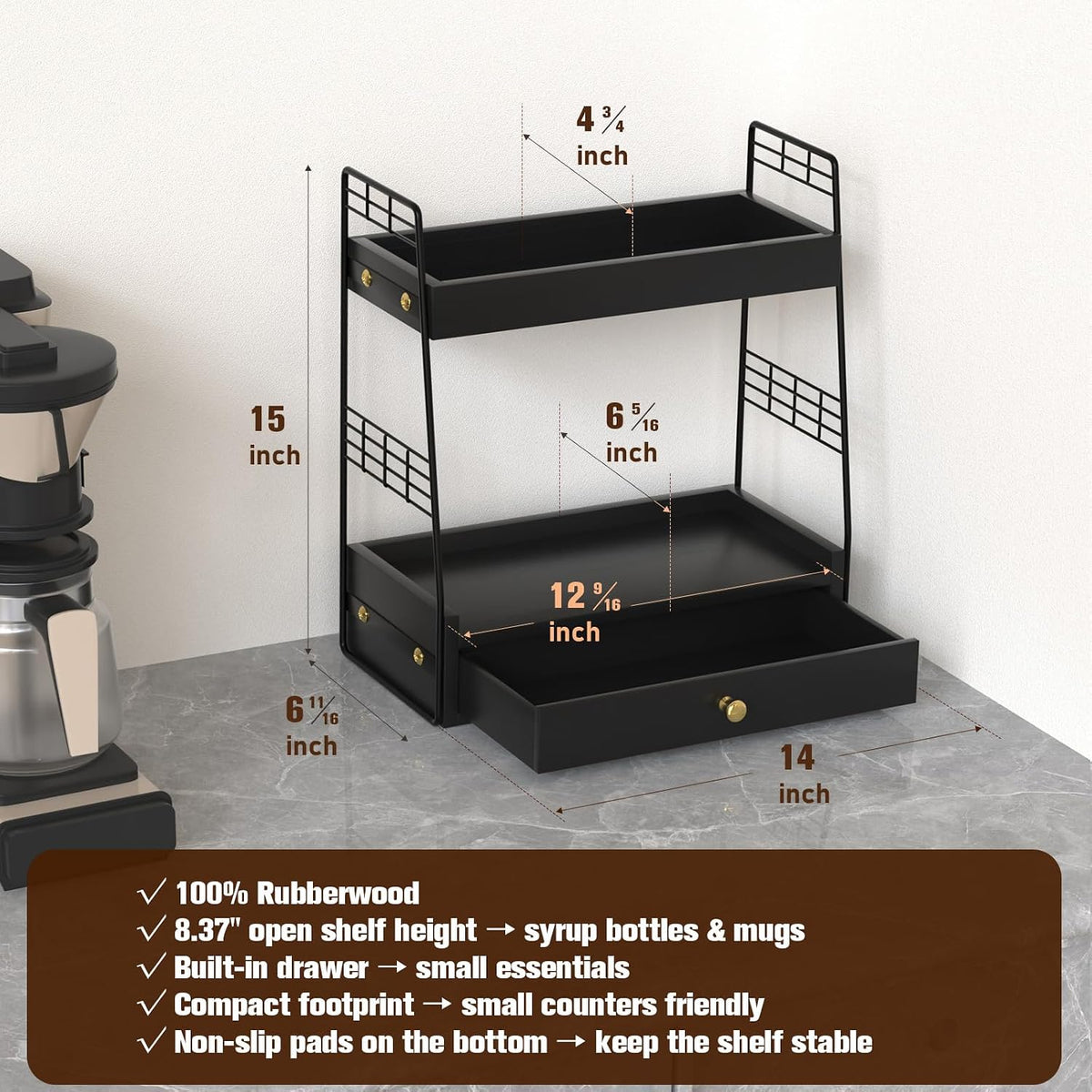 Coffee Bar Station Organizer with Drawer, 2-Tier Countertop Shelf (Black)