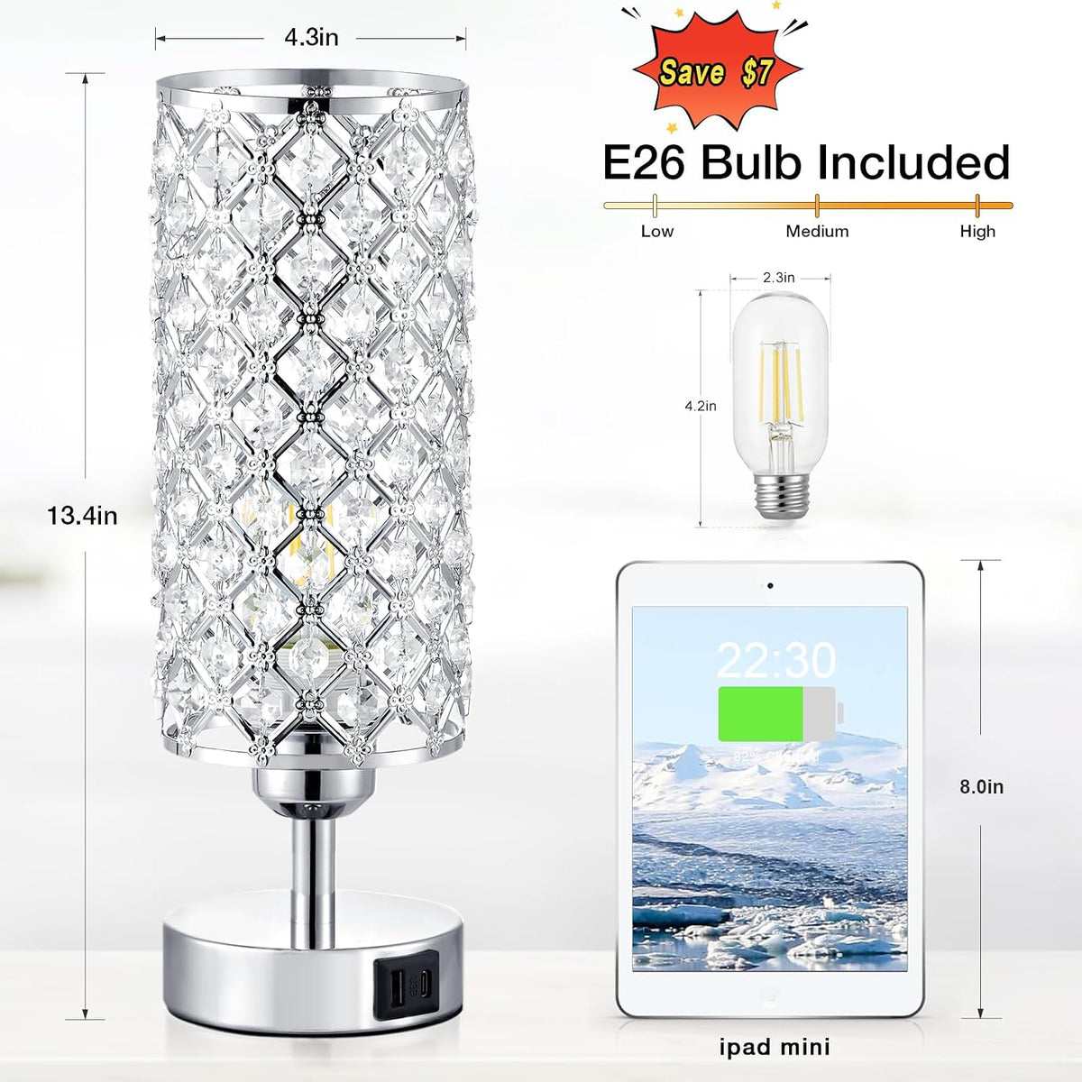 Sliver Crystal Table Lamp with Touch Control, Bedroom Light for Nightstand