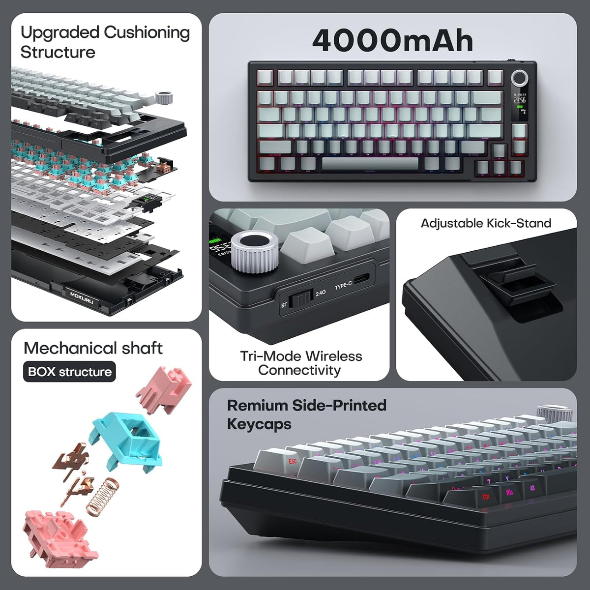 MOKURU Wireless Mechanical Keyboard, Three Mode BT/2.4G/USB-C, RGB Switching,...