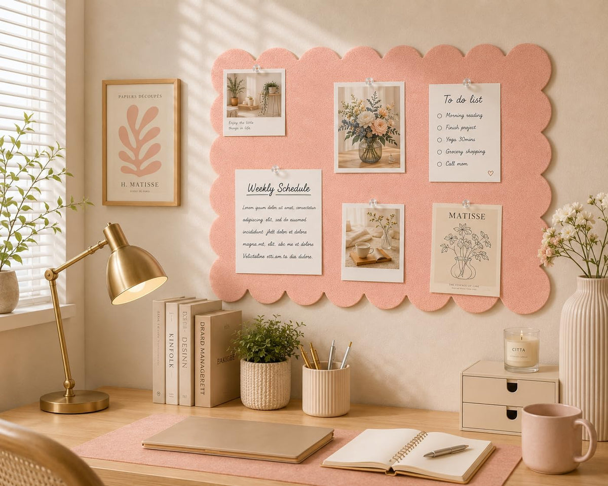 Scalloped Felt Bulletin Board 36 x 24 Inches, Pink Pin Board for Wall