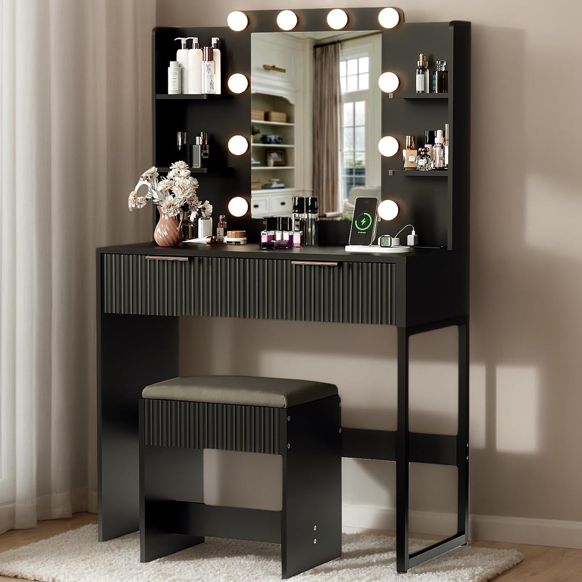 Karl home Fluted Makeup Vanity Desk with Mirror and Lights, Black