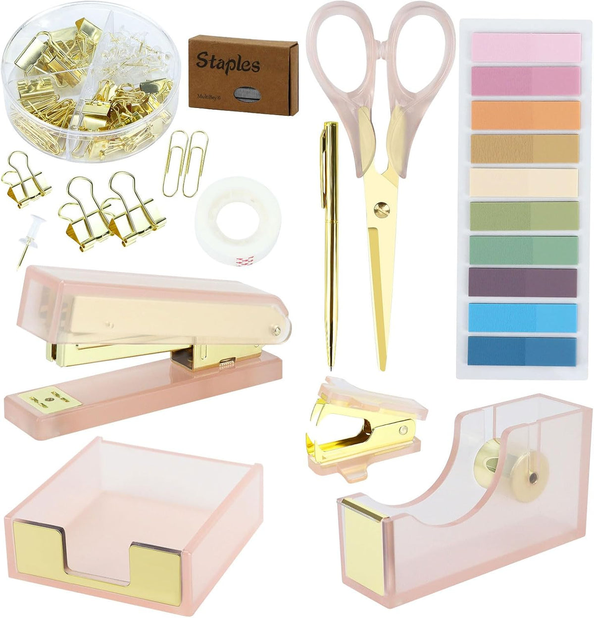 MultiBey Pink Gold Acrylic Sticky Notes Holder Stapler and Tape Dispenser Cut...