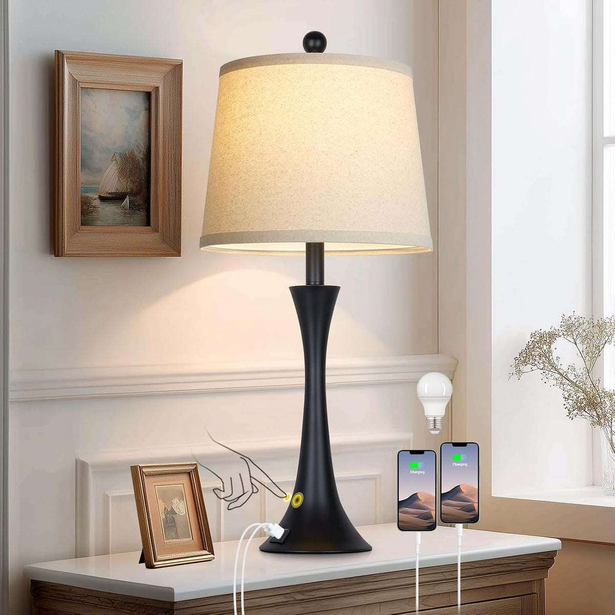 27.5" Black table Lamps for Living Room, Touch Control 3-Way Dimmable Be...