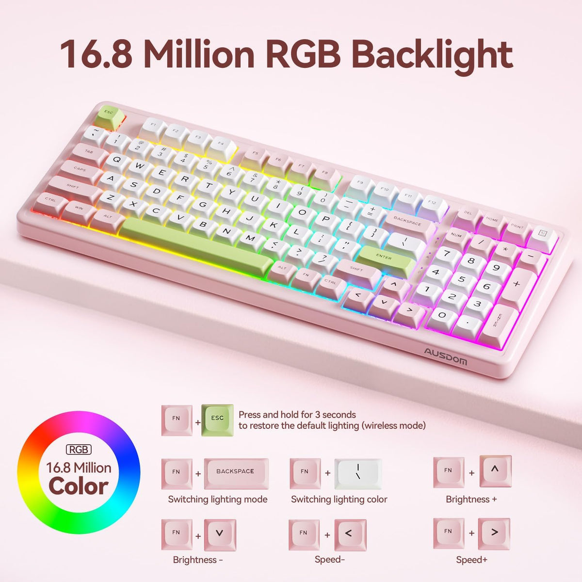 AUSDOM H98 Pink Creamy Mechanical Keyboard, 96% Silent Quiet Wireless Keyboar...