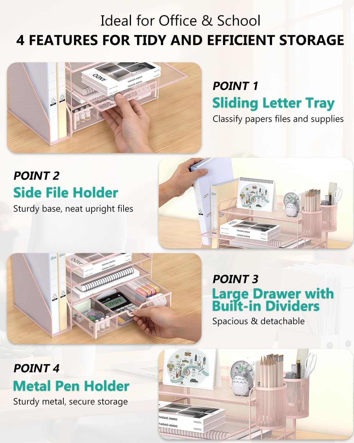 WALI Desk File Organizer, 4 Tier Desktop Paper Letter Tray Organizer with Dra...