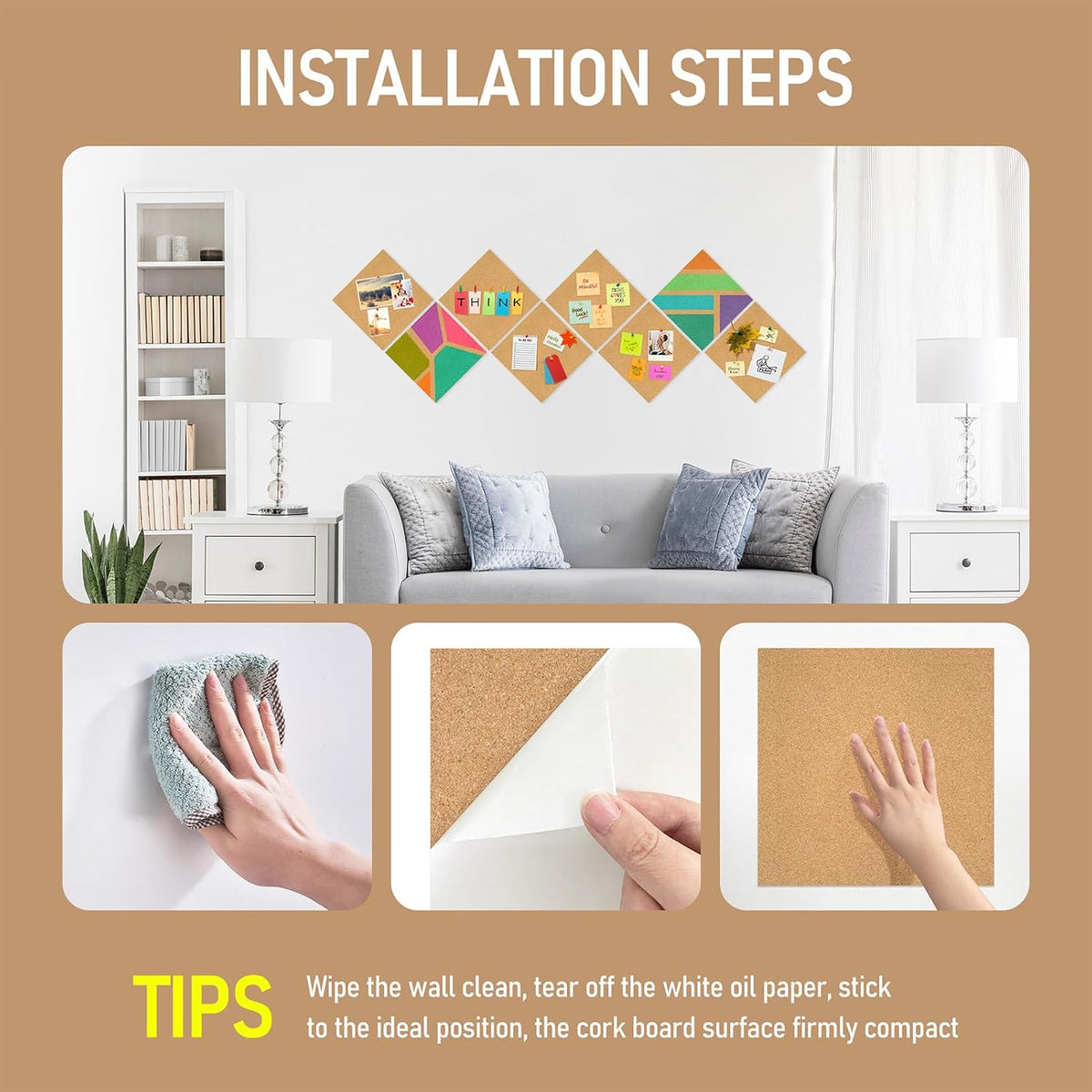 Cork Board Tiles - 8 Packs Adhesive Corkboards for Wall,Small Cork Board Deco...