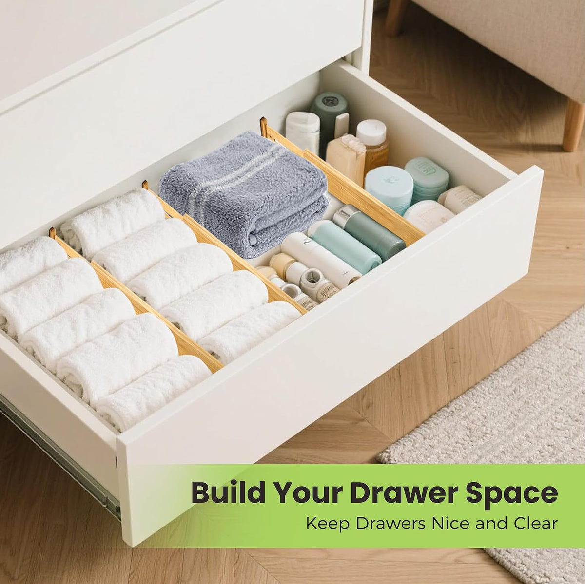 Fyvva Drawer Organizer, Spring-Loaded Expandable Bamboo Dividers 8-Pack