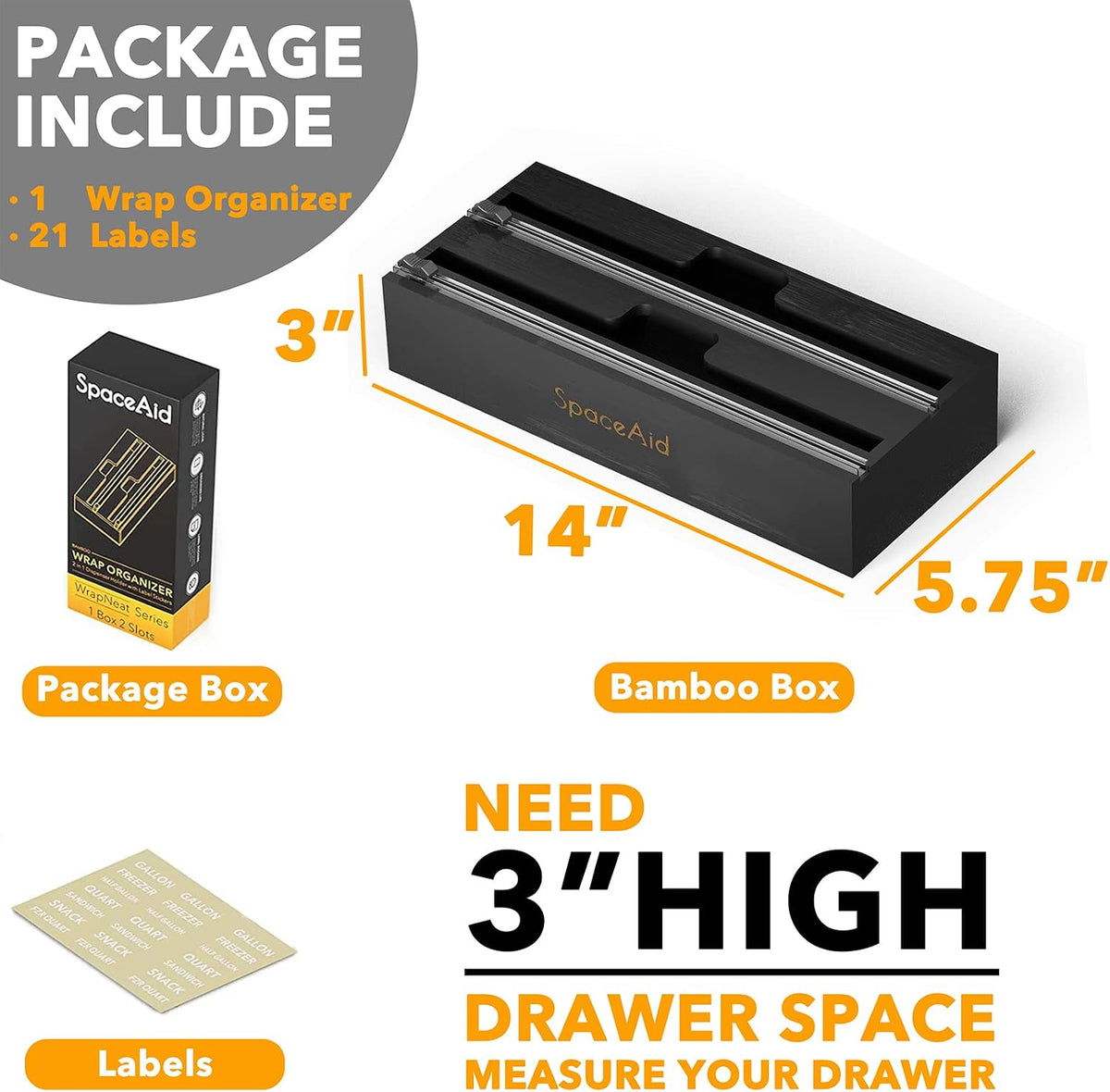 SpaceAid WrapNeat 2 in 1 Wrap Organizer with Cutter and Labels, Plastic Wrap,...