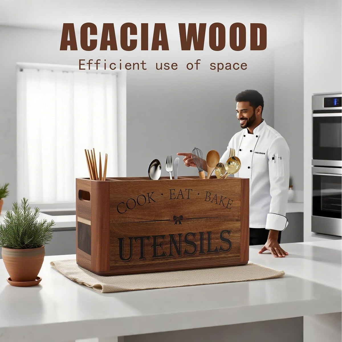 Utensil Holder for Kitchen Countertop - Extra Large 4 Compartment Wooden Orga...